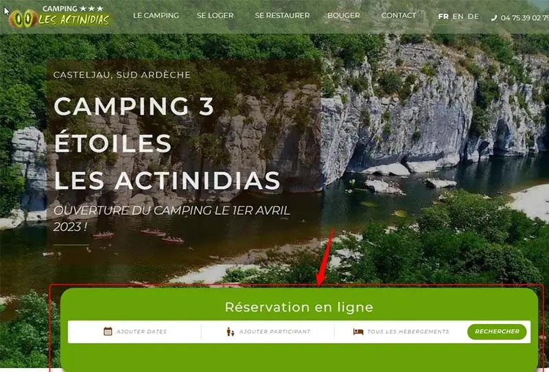 Site camping, intégration widget moteur de recherche